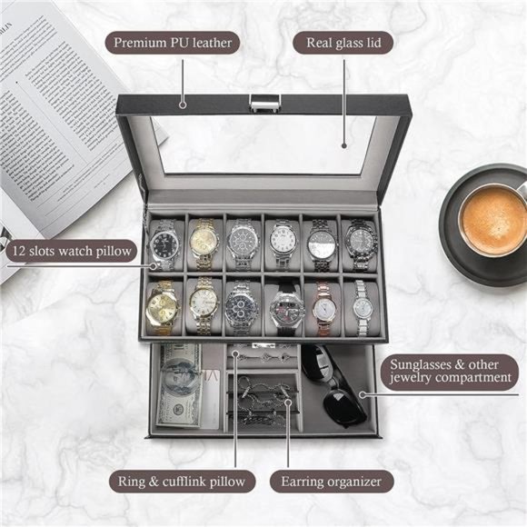 12 Slots Watch Box with Drawer, PU Leather Boxes w/ Glass Lid & Pillow - Black - Picture 5 of 6